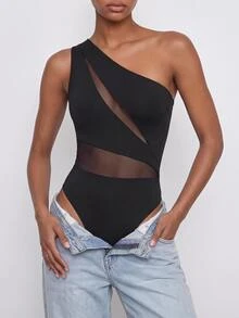 Maija Bodysuit Wanita Model Satu Bahu dengan Motif Jala dan Patchwork untuk Pemakaian Sehari-hari - Hitam - View 6