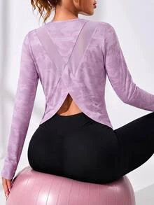 SHEIN Cheerettes Kaos Olahraga Jala Lengan Panjang Kasual Serbaguna untuk Lari dan Kebugaran - Purple - View 1