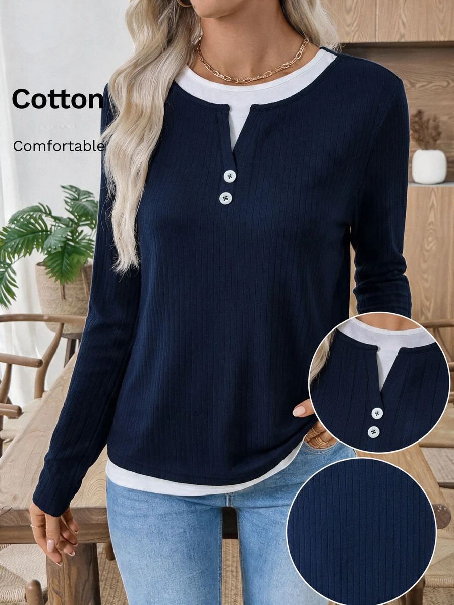 EMERY ROSE Women's 2 In 1 Patchwork Casual Daily Long Sleeve T-Shirt - Navy Blue - View 1