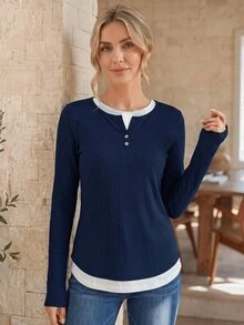 EMERY ROSE Women's 2 In 1 Patchwork Casual Daily Long Sleeve T-Shirt - Navy Blue - View 3