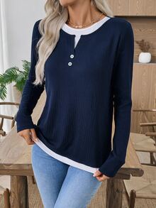EMERY ROSE Women's 2 In 1 Patchwork Casual Daily Long Sleeve T-Shirt - Navy Blue - View 9