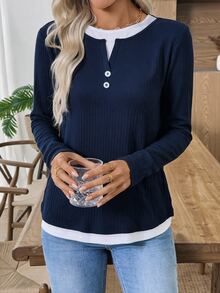 EMERY ROSE Women's 2 In 1 Patchwork Casual Daily Long Sleeve T-Shirt - Navy Blue - View 7