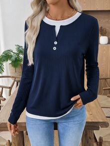 EMERY ROSE Women's 2 In 1 Patchwork Casual Daily Long Sleeve T-Shirt - Navy Blue - View 8