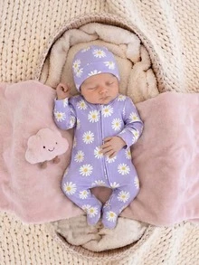 SHEIN Newborn Baby Boy/Girl Daisy Print Pattern Knitted Soft Crew Neck Long Sleeve Jumpsuit - Multicolor - View 3