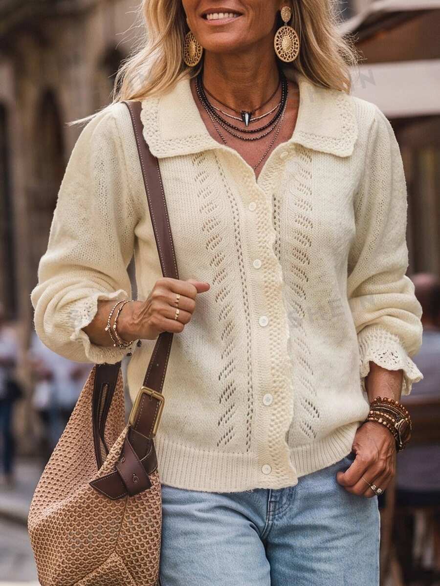 LanaWest Women's Solid Color Ruffle Lace Peter Pan Collar Hollow Knit Short Petal Sleeve Cardigan, Gentle French Artistic Style - Apricot - View 1