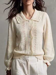 LanaWest Women's Solid Color Ruffle Lace Peter Pan Collar Hollow Knit Short Petal Sleeve Cardigan, Gentle French Artistic Style - Apricot - View 1