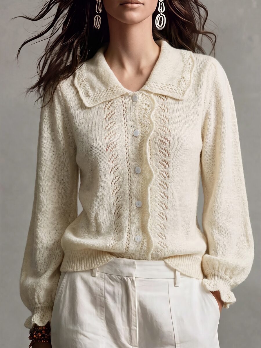 LanaWest Women's Solid Color Ruffle Lace Peter Pan Collar Hollow Knit Short Petal Sleeve Cardigan, Gentle French Artistic Style - Apricot - View 1