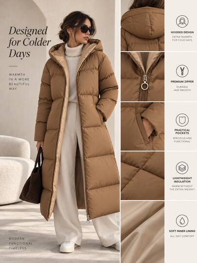 Trelyra Damen Lange Beige Gefütterte Jacke - Kapuzen Maxi Winterjacke, Locker Geschnitten, Warme Mikrofaser Oberbekleidung, Braune Fütterung, Durchgehender Reißverschluss, Parka für Damen