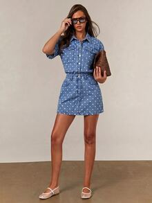 Athîral Denim 女款休閒復古 70s 80s 藍色波點印花鈕扣口袋迷你牛仔洋裝，日常穿著，秋季街頭風野餐穿搭 - 淺藍色 - 查看 4