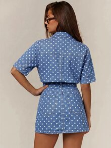 Athîral Denim 女款休閒復古 70s 80s 藍色波點印花鈕扣口袋迷你牛仔洋裝，日常穿著，秋季街頭風野餐穿搭 - 淺藍色 - 查看 2