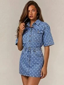 Athîral Denim 女款休閒復古 70s 80s 藍色波點印花鈕扣口袋迷你牛仔洋裝，日常穿著，秋季街頭風野餐穿搭 - 淺藍色 - 查看 3