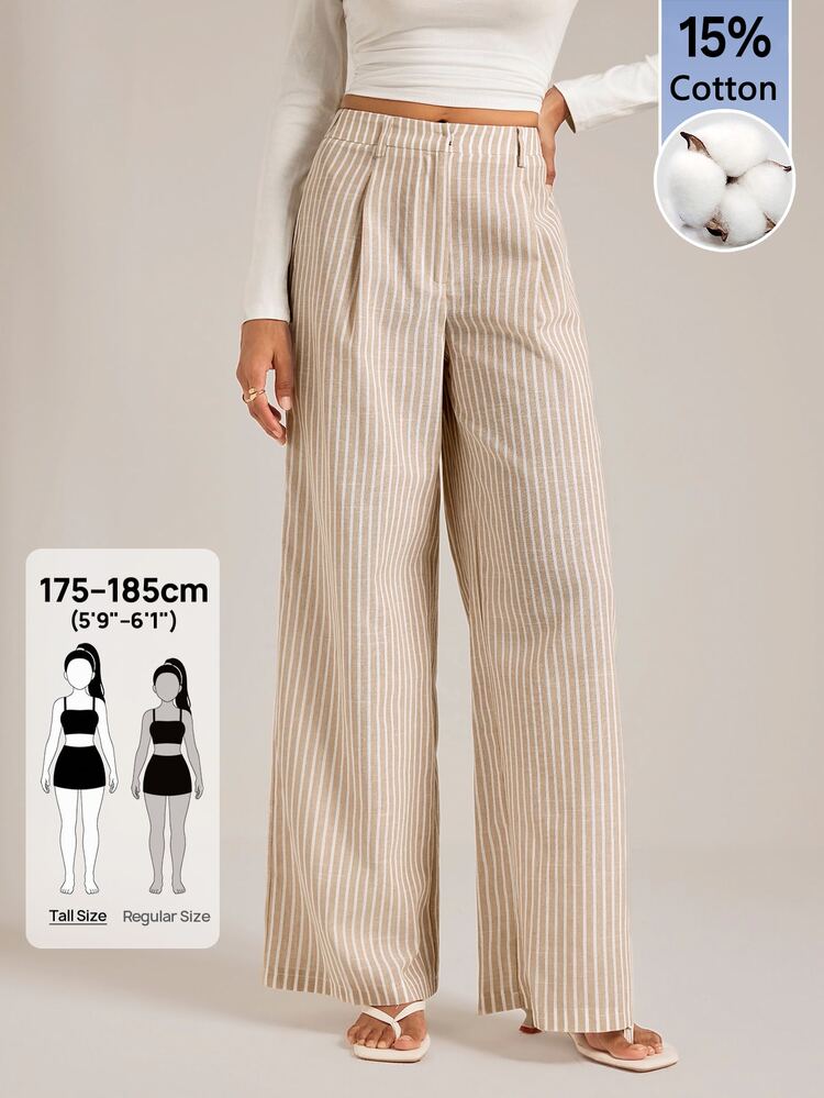 SHEIN Tall Vintage-Style Apricot Striped Straight-Leg Trousers For Tall Women – Casual Workwear - Brown - View 1