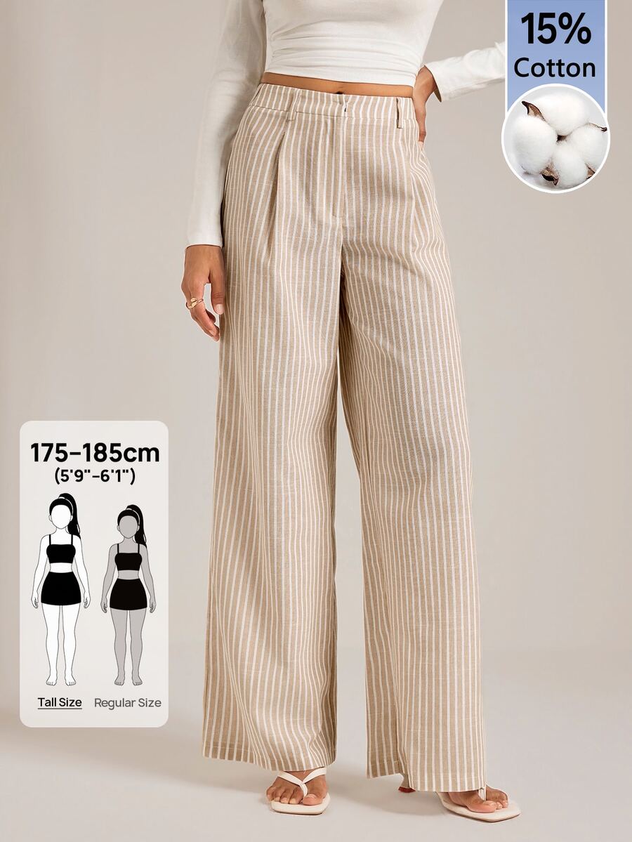 SHEIN Tall Vintage-Style Apricot Striped Straight-Leg Trousers For Tall Women – Casual Workwear - Brown - View 1
