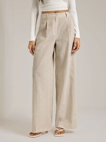 SHEIN Tall Vintage-Style Apricot Striped Straight-Leg Trousers For Tall Women – Casual Workwear - Brown - View 9