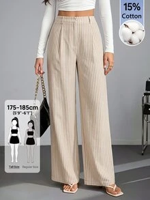 SHEIN Tall Vintage-Style Apricot Striped Straight-Leg Trousers For Tall Women – Casual Workwear - Brown - View 4