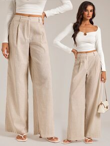 SHEIN Tall Vintage-Style Apricot Striped Straight-Leg Trousers For Tall Women – Casual Workwear - Brown - View 5