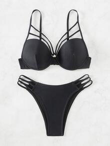 Swim SXY 女士假日中空純色比基尼套裝，適用於夏季海灘 - 黑色 - 查看 7