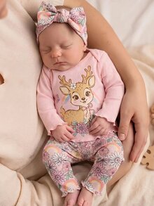 SHEIN Newborn Pink Ribbed Floral Print Long Sleeve Romper + Set, Sweet Ruffle Newborn Baby Girl Autumn Winter Outfit, Comfortable Fashionable Baby Wear - Multicolor - View 5