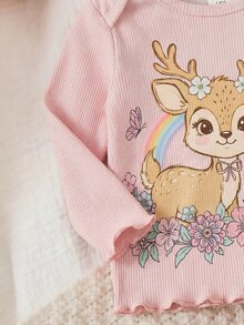 SHEIN Newborn Pink Ribbed Floral Print Long Sleeve Romper + Set, Sweet Ruffle Newborn Baby Girl Autumn Winter Outfit, Comfortable Fashionable Baby Wear - Multicolor - View 7