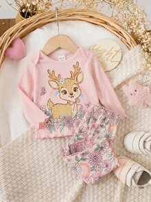 SHEIN Newborn Pink Ribbed Floral Print Long Sleeve Romper + Set, Sweet Ruffle Newborn Baby Girl Autumn Winter Outfit, Comfortable Fashionable Baby Wear - Multicolor - View 3