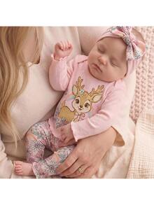 SHEIN Newborn Pink Ribbed Floral Print Long Sleeve Romper + Set, Sweet Ruffle Newborn Baby Girl Autumn Winter Outfit, Comfortable Fashionable Baby Wear - Multicolor - View 9