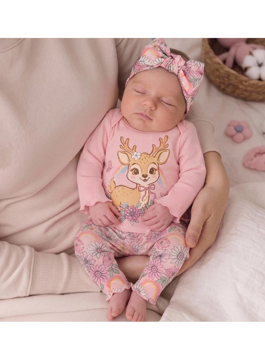 SHEIN Newborn Pink Ribbed Floral Print Long Sleeve Romper + Set, Sweet Ruffle Newborn Baby Girl Autumn Winter Outfit, Comfortable Fashionable Baby Wear