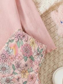 SHEIN Newborn Pink Ribbed Floral Print Long Sleeve Romper + Set, Sweet Ruffle Newborn Baby Girl Autumn Winter Outfit, Comfortable Fashionable Baby Wear - Multicolor - View 6