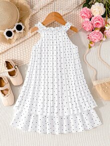 SHEIN Elladie kids 女童夏季褶皱波点荷叶边蝴蝶结装饰多层下摆无袖连衣裙，适合度假、休闲、日常穿着，时尚优雅。 - 白色 - 查看 3