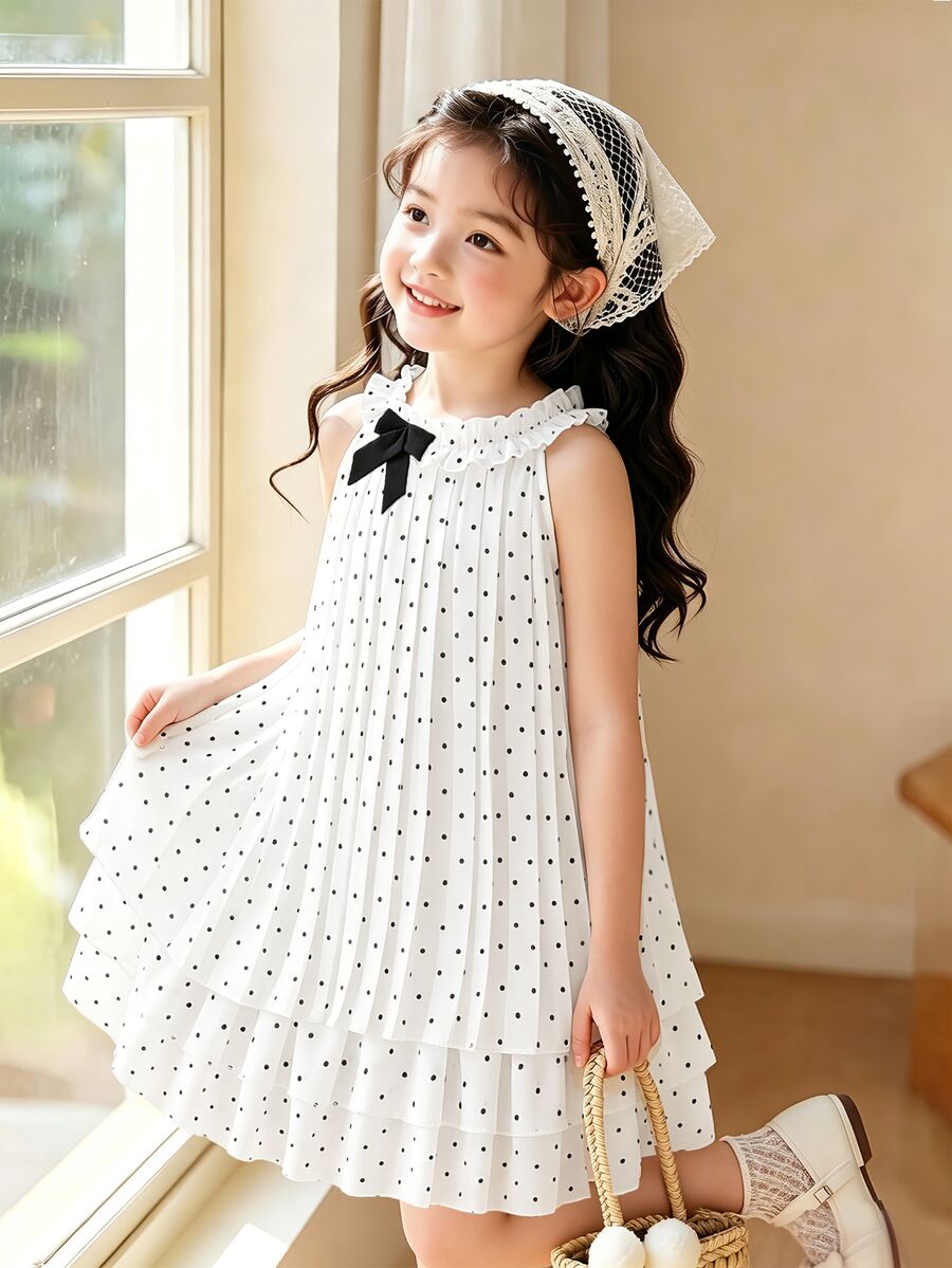SHEIN Elladie kids 女童夏季褶皱波点荷叶边蝴蝶结装饰多层下摆无袖连衣裙，适合度假、休闲、日常穿着，时尚优雅。