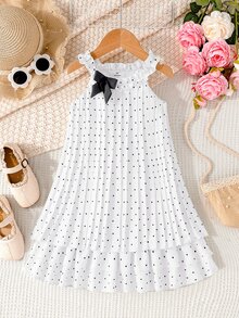 SHEIN Elladie kids 女童夏季褶皱波点荷叶边蝴蝶结装饰多层下摆无袖连衣裙，适合度假、休闲、日常穿着，时尚优雅。 - 白色 - 查看 5