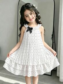 SHEIN Elladie kids 女童夏季褶皱波点荷叶边蝴蝶结装饰多层下摆无袖连衣裙，适合度假、休闲、日常穿着，时尚优雅。 - 白色 - 查看 4