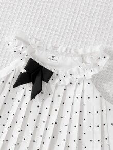 SHEIN Elladie kids 女童夏季褶皱波点荷叶边蝴蝶结装饰多层下摆无袖连衣裙，适合度假、休闲、日常穿着，时尚优雅。 - 白色 - 查看 7