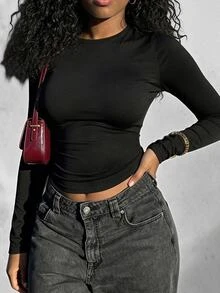 INAWLY Women's Solid Color Round Neck Long Sleeve Slim Fit Casual Versatile T-Shirt - Black - View 3
