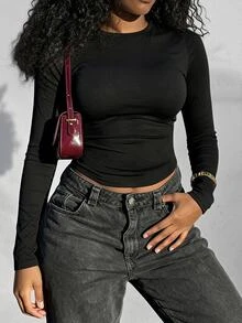 INAWLY Women's Solid Color Round Neck Long Sleeve Slim Fit Casual Versatile T-Shirt - Black - View 4