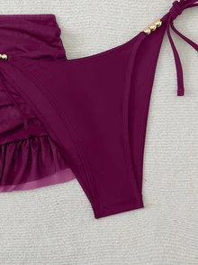 SHEIN Swim 女款三件式夏季性感純色V領掛脖綁帶比基尼套裝附遮陽裙 - 紫色 - 查看 3