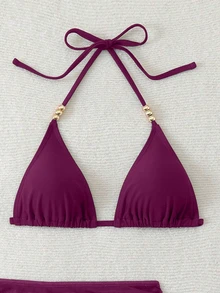 SHEIN Swim 女款三件式夏季性感純色V領掛脖綁帶比基尼套裝附遮陽裙 - 紫色 - 查看 4