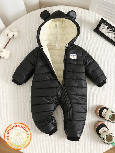 SHEIN Newborn Baby Boy & Girl Black Thermal Lined Thick Hooded Jumpsuit, Autumn/Winter Infant Jumpsuit Ski Suit