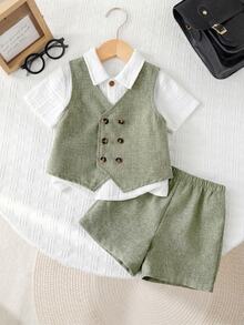 Baby Boy Gentleman Outfit-Vest And Shorts Set Formal Attire For Suits Toddler Dress Clothes Suit Photoshoot Outfit - Green - View 7