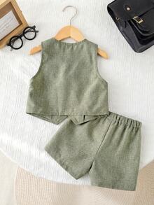 Baby Boy Gentleman Outfit-Vest And Shorts Set Formal Attire For Suits Toddler Dress Clothes Suit Photoshoot Outfit - Green - View 5