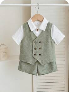 Baby Boy Gentleman Outfit-Vest And Shorts Set Formal Attire For Suits Toddler Dress Clothes Suit Photoshoot Outfit - Green - View 3