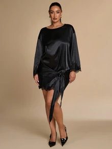 SHEIN BAE فستان قصير أسود من الدانتيل بتصميم رقعات للمقاسات الكبيرة - الأسود - مشاهدة 5