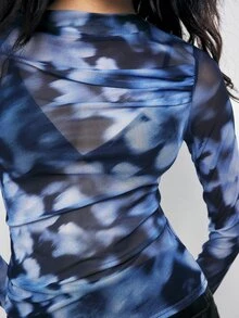 Maija 女款海軍藍與白色花卉印花修身貼身上衣，都市性感休閒優雅派對外出夜店秋季款 - 藍色 - 查看 6