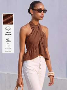 Maija Olive Green Halter Neck Criss-Cross Ruffle Backless Women's Top, Urban Summer - Brown - View 4