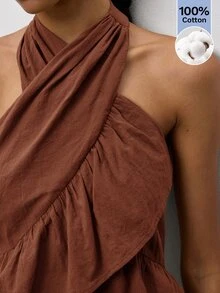 Maija Olive Green Halter Neck Criss-Cross Ruffle Backless Women's Top, Urban Summer - Brown - View 2