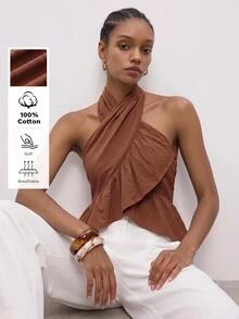 Maija Olive Green Halter Neck Criss-Cross Ruffle Backless Women's Top, Urban Summer - Brown - View 1