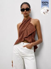 Maija Olive Green Halter Neck Criss-Cross Ruffle Backless Women's Top, Urban Summer - Brown - View 6
