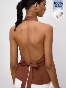 Maija Olive Green Halter Neck Criss-Cross Ruffle Backless Women's Top, Urban Summer - Brown - View 7