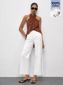 Maija Olive Green Halter Neck Criss-Cross Ruffle Backless Women's Top, Urban Summer - Brown - View 8