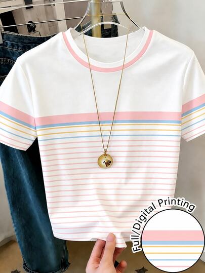 Tween Girls Colorful Striped Cropped Short Sleeve Top, Casual & Comfortable Spring/Summer, Fashion, Suitable For Outdoor Activities, Picnics, Street Photography, Vacations, Gifts, Daily Wear