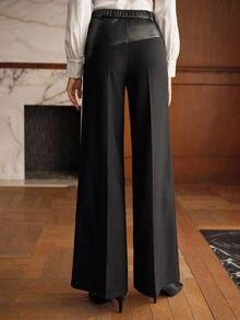 MOTF PREMIUM WOMEN FASHION CONTRAST PU LEATHER SEAM FRONT WIDE LEG SUIT PANTS - Black - View 4
